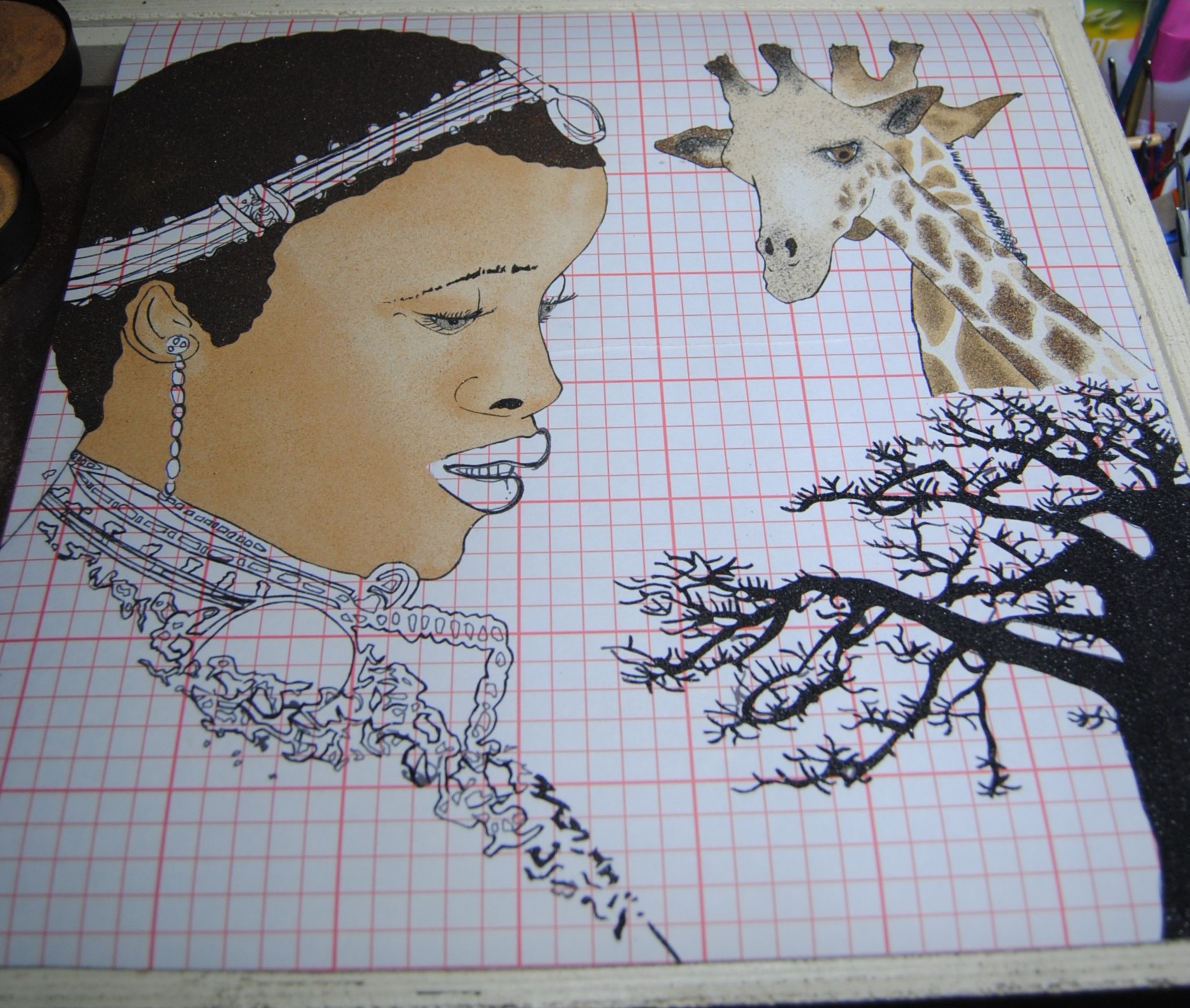 Africaine et Girafes en cours de réalisation